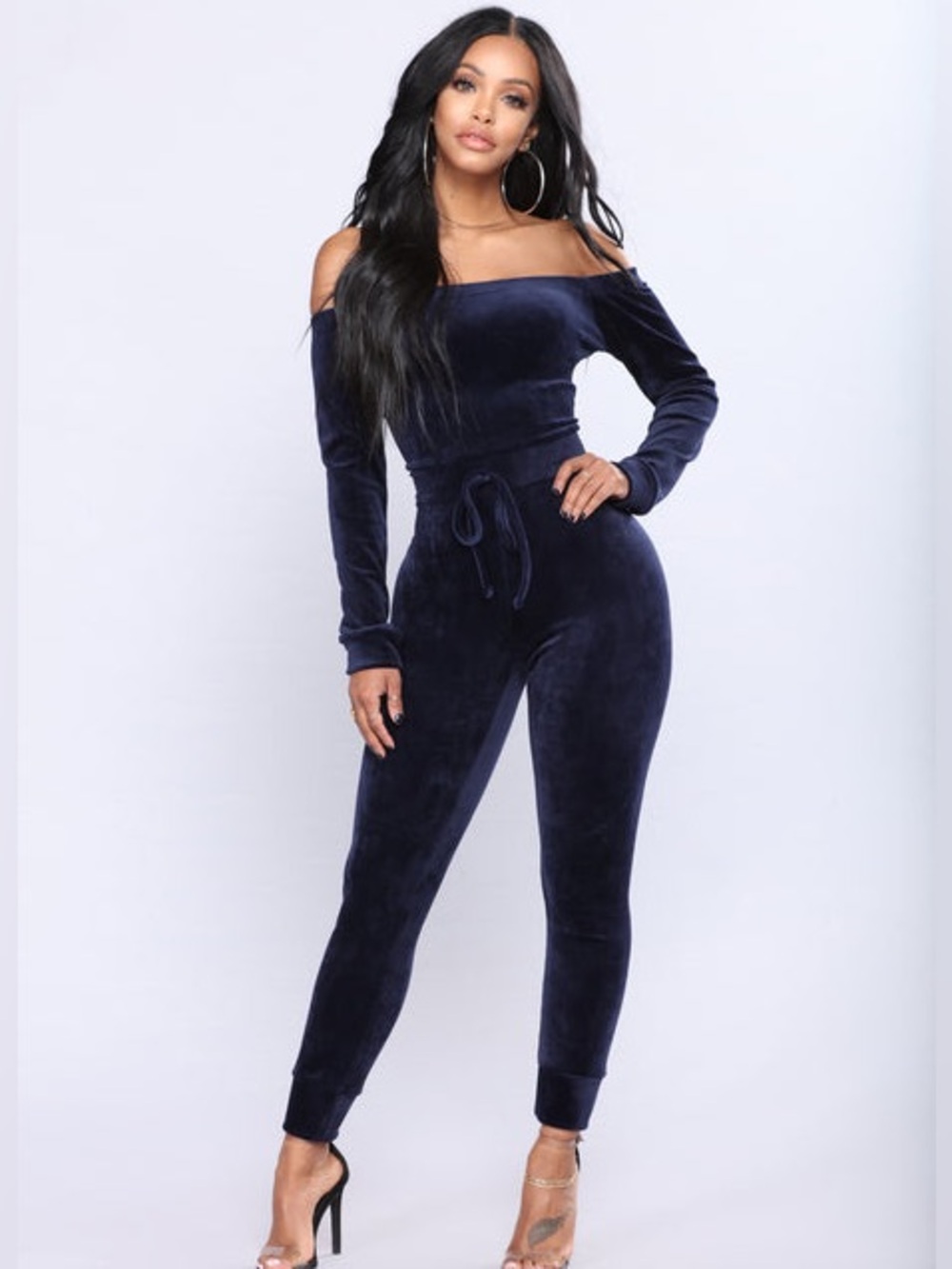 Fashion Nova Navy Off-the-Shoulder Long-Sleeve Jumpsuit with Waist Tie